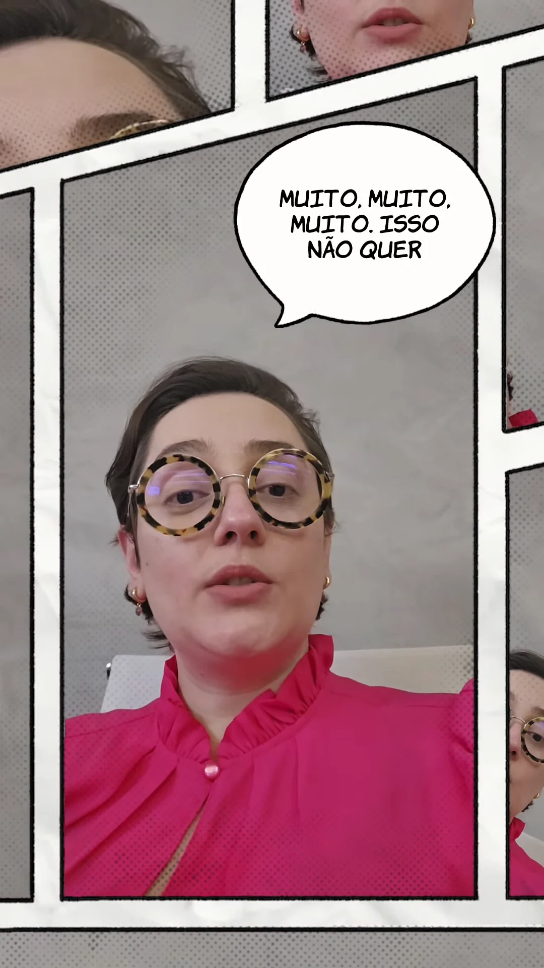 Quadro do reel: Dra. Luiza explica olhando para a câmera; o balão diz “Muito, muito, muito. Isso não quer”
