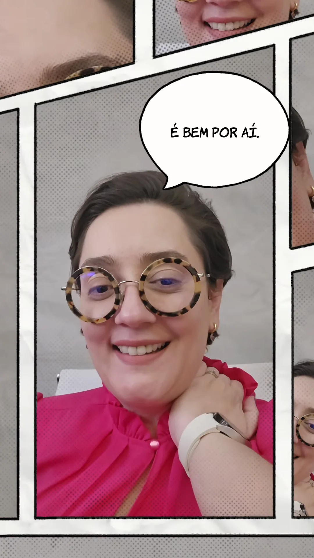 Quadro do reel da Dra. Luiza Ninon: ela ri, de óculos redondos e blusa pink, com a mão no ombro; no balão original, a fala “É bem por aí.”
